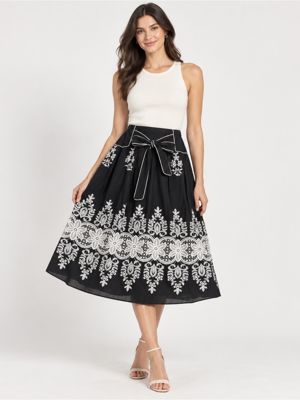 Lapis Black Midi Skirt with White Floral Embroidery and Waist Tie